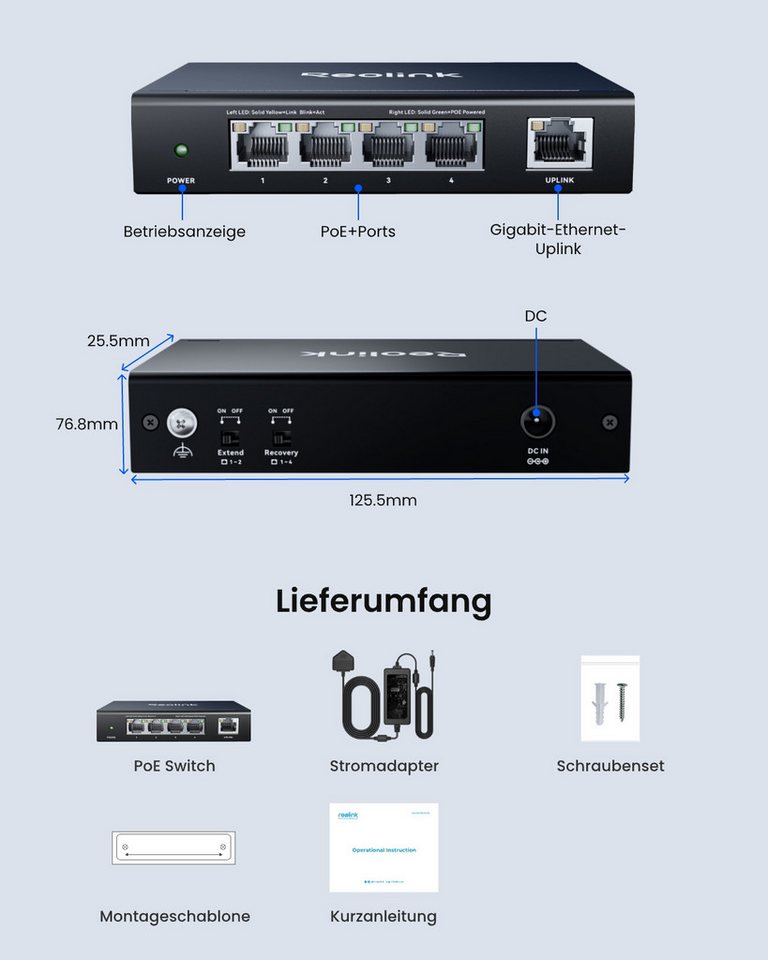 Reolink Überwachungskamera Zubehör Plug & Play PoE-Switch mit 5 Anschlüssen und 65W Leistungsfähigkeit (PoE-Anschluss 4 × 10/100/1000 Mbit/s) Bild 2