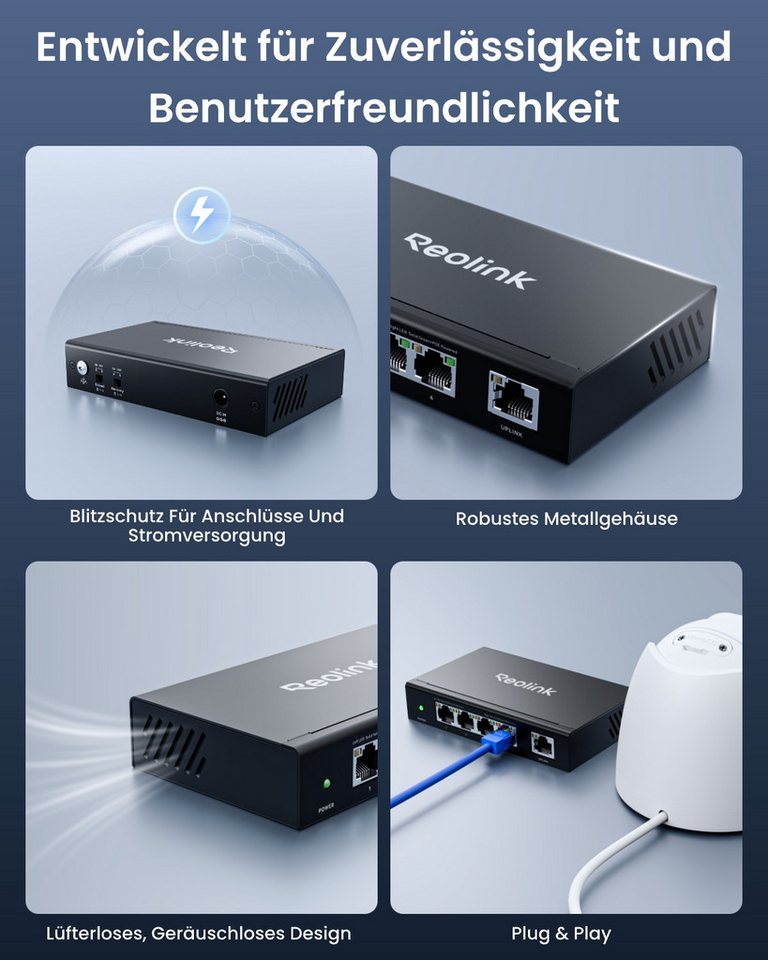 Reolink Überwachungskamera Zubehör Plug & Play PoE-Switch mit 5 Anschlüssen und 65W Leistungsfähigkeit (PoE-Anschluss 4 × 10/100/1000 Mbit/s) Bild 3