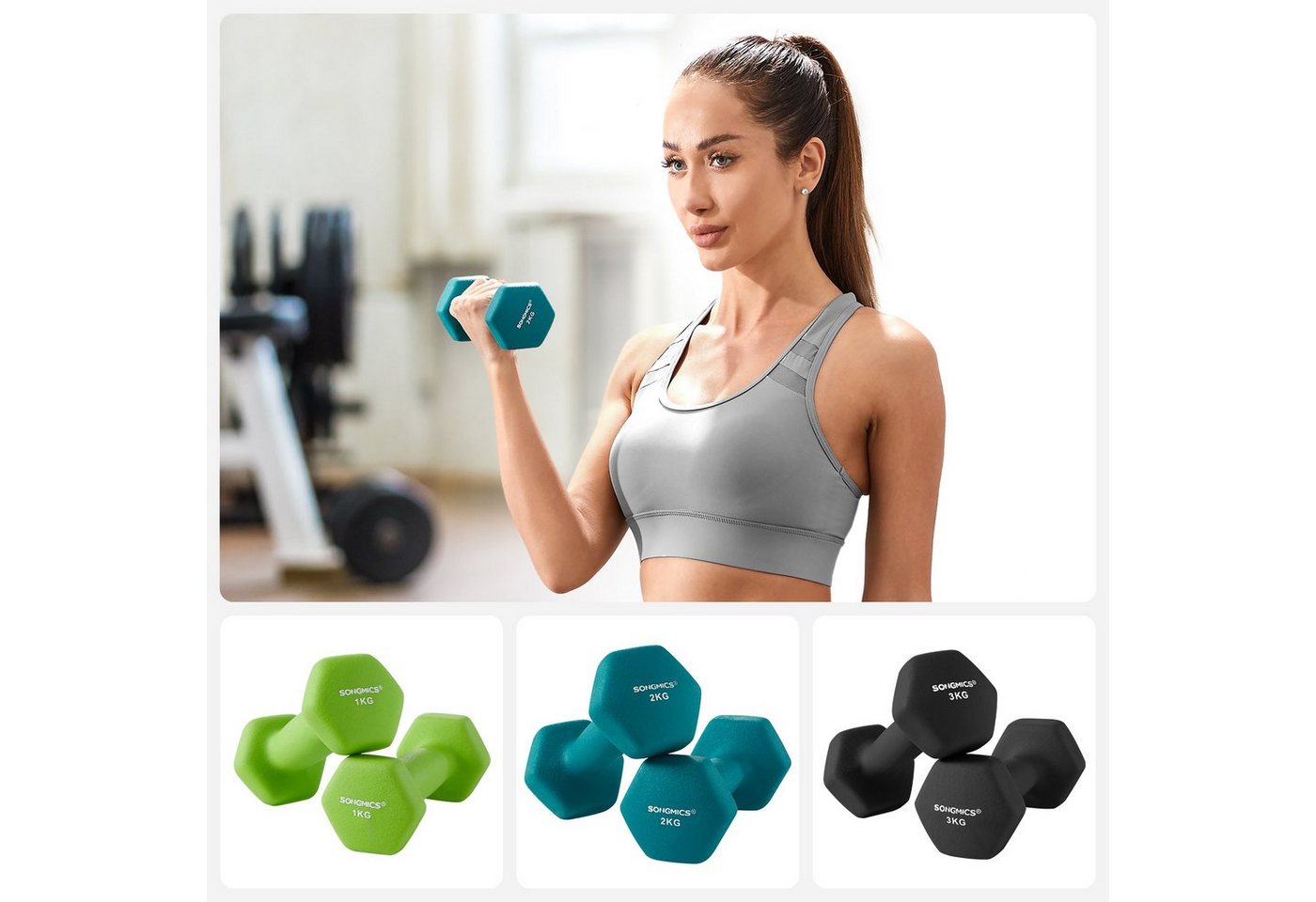 SONGMICS Hantel-Set Kurzhanteln, 12kg, Hexagon, Neopren Hanteln, mit Hantelständer, 2 x 1 kg, 2 x 2 kg, 2 x 3 kg, Finish, aquamarin und