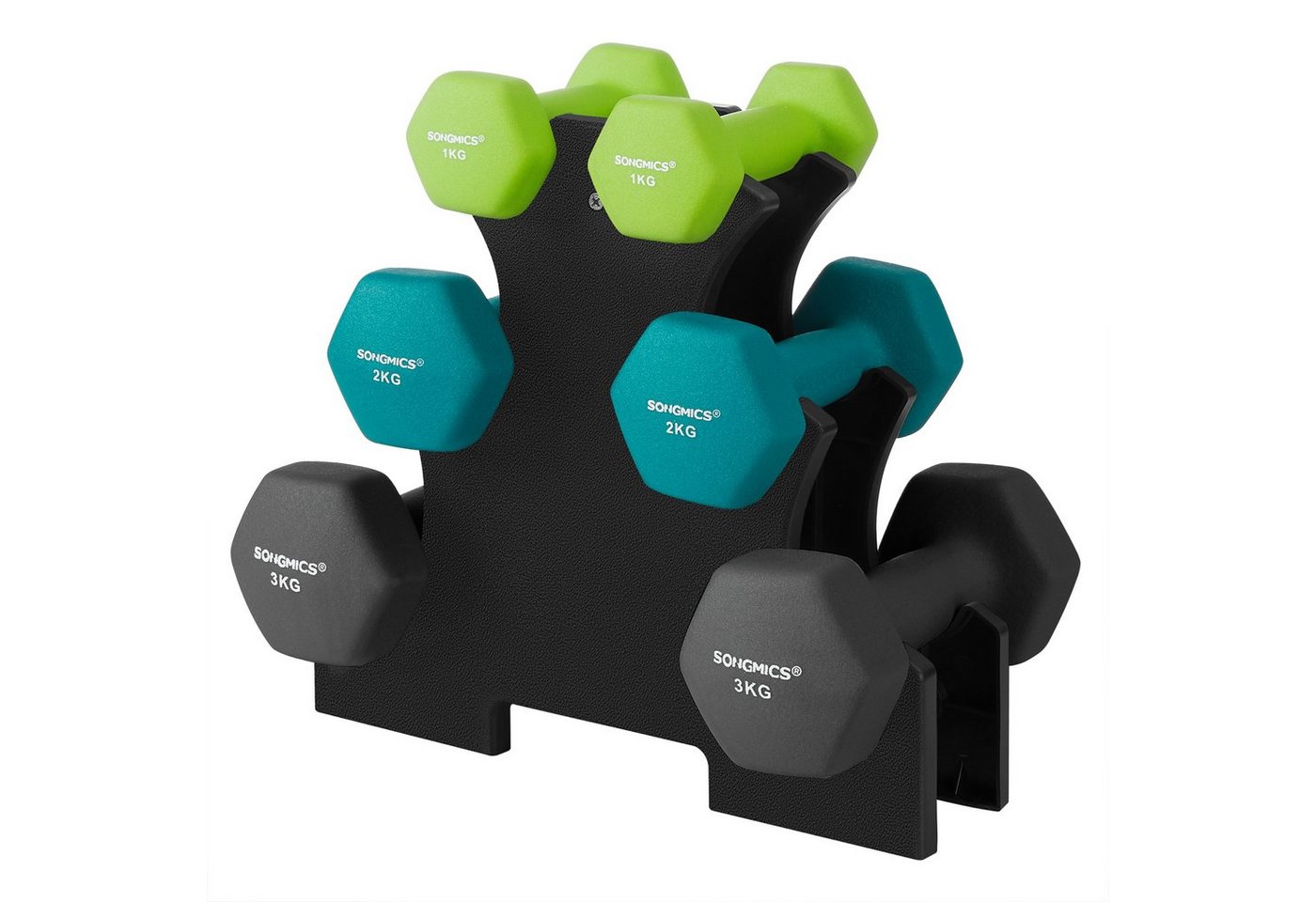 SONGMICS Hantel-Set Kurzhanteln, 12kg, Hexagon, Neopren Hanteln, mit Hantelständer, 2 x 1 kg, 2 x 2 kg, 2 x 3 kg, Finish, aquamarin und Bild 2