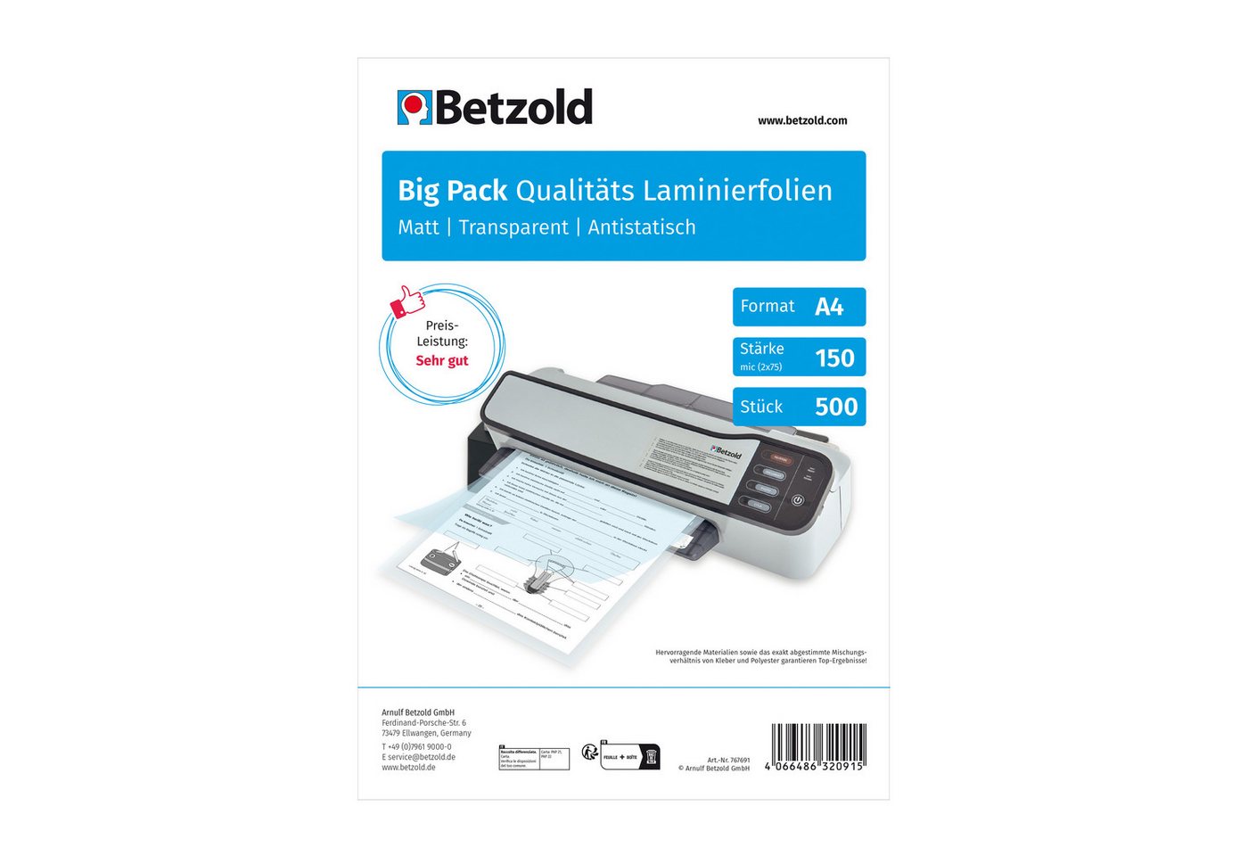 Betzold Schutzfolie Laminierfolien DIN A4, 150 Mic, 500 Stück – Schutz Dokumente