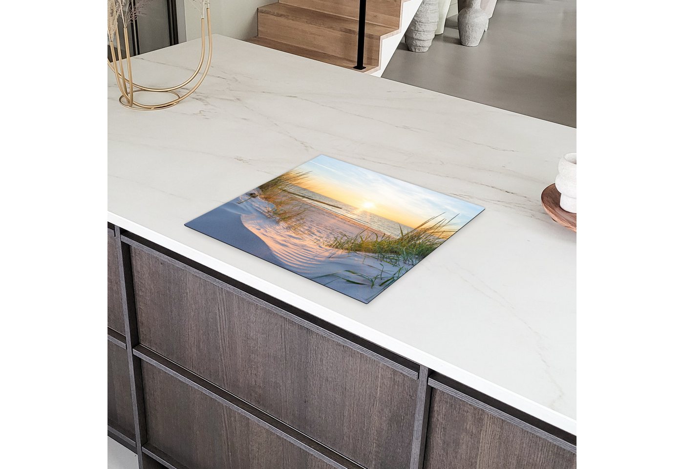 MuchoWow Herd-Abdeckplatte Strand - Sonne - Düne - Gras - Sand - Horizont, Vinyl, (1 tlg), Abdeckplatte für Ceranfeld, Herd Inductionsmatte, 57x51 cm