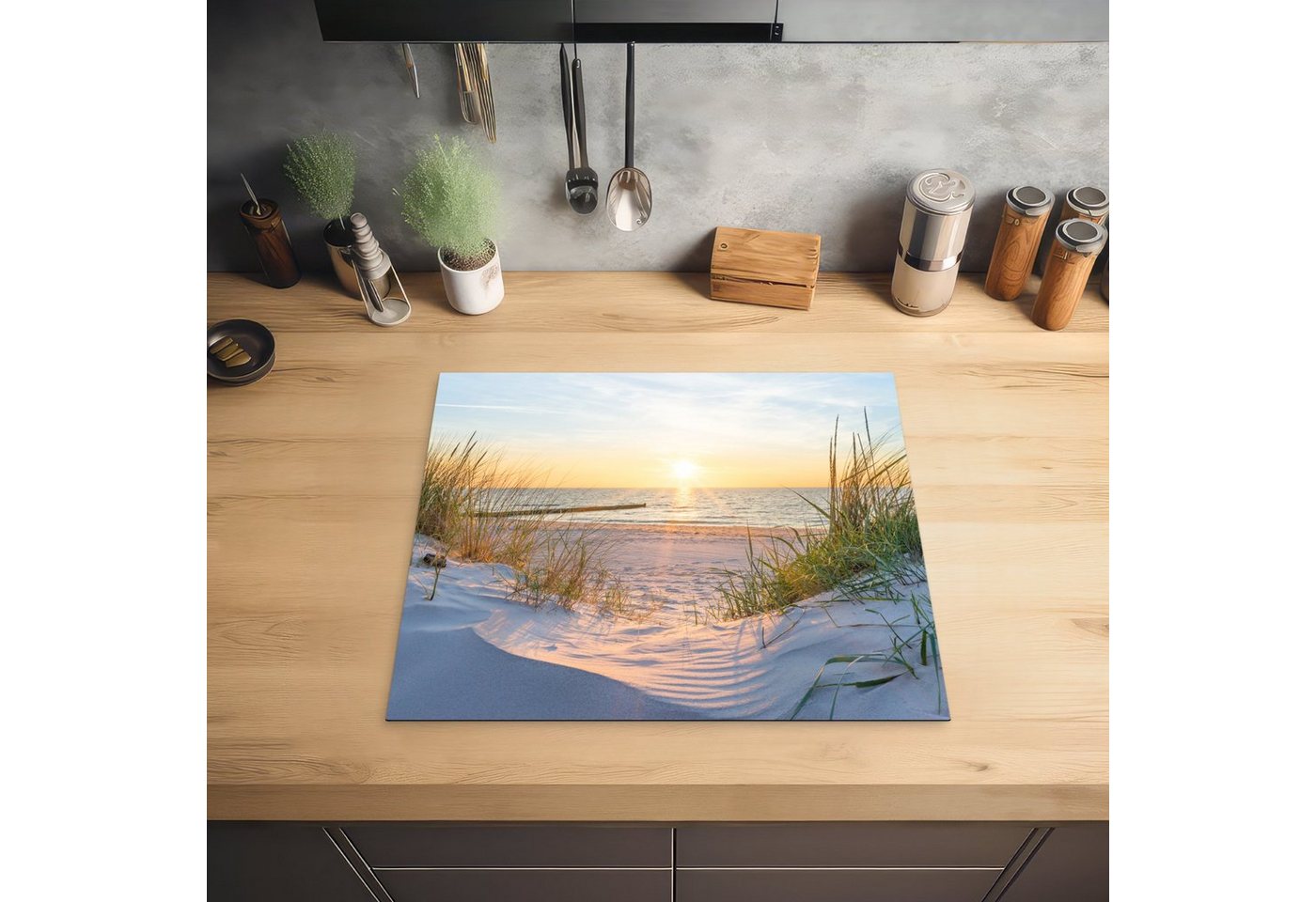 MuchoWow Herd-Abdeckplatte Strand - Sonne - Düne - Gras - Sand - Horizont, Vinyl, (1 tlg), Abdeckplatte für Ceranfeld, Herd Inductionsmatte, 57x51 cm Bild 5