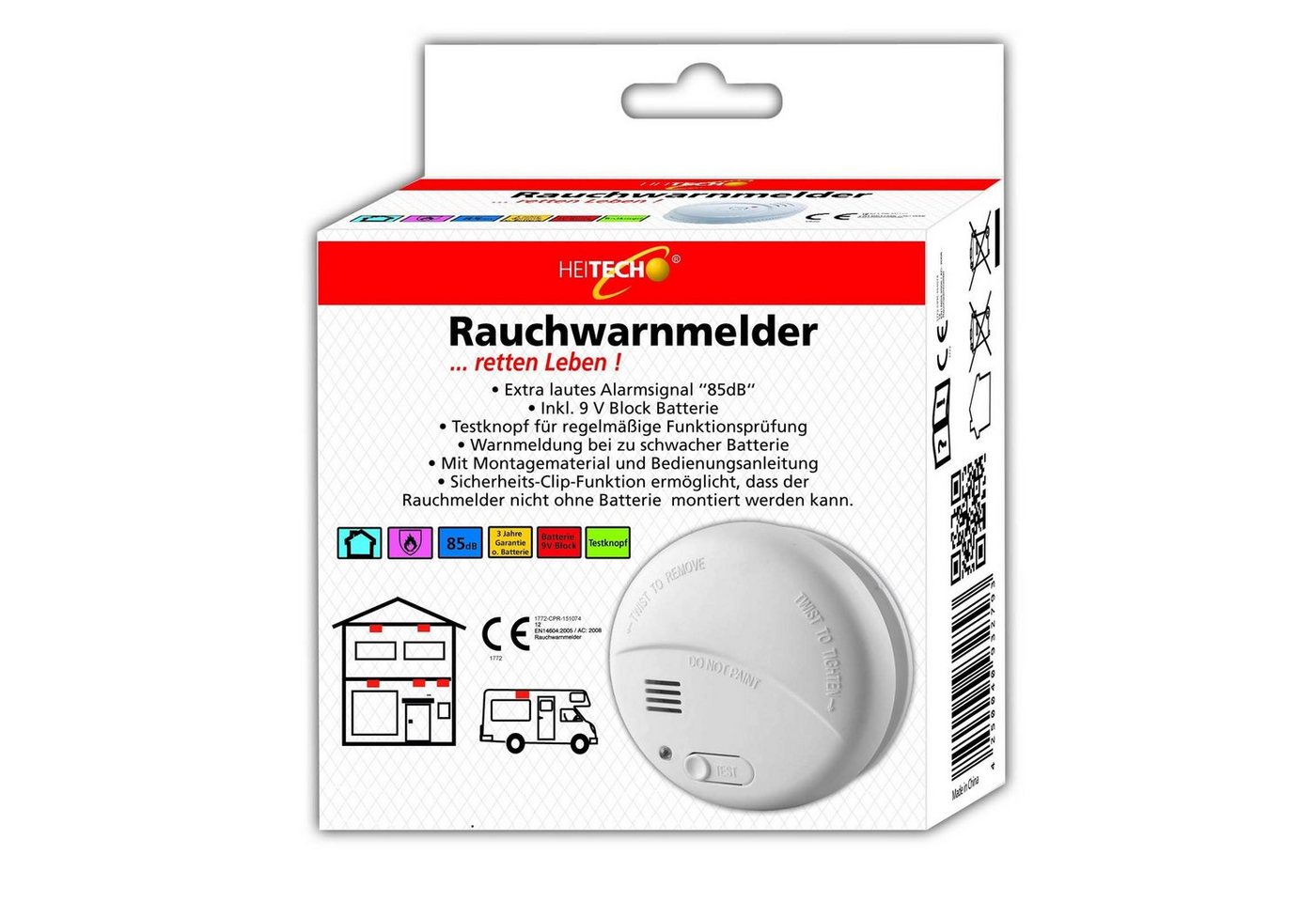 HEITECH 3x Rauchwarnmelder Feuermelder Brandmelder Magnetpad Rauchmelder (85dB Inkl. 9V Batterie + 3M Magnet Klebepad) Bild 3