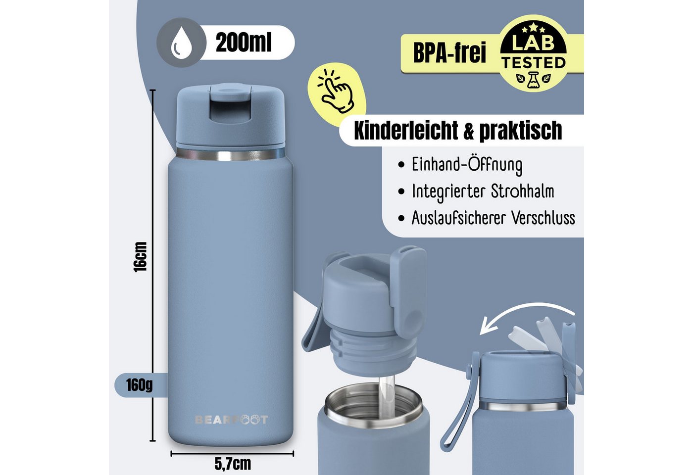 BEARFOOT Trinkflasche TINY Thermo Kinder Trinkflasche Edelstahl - blau, Thermosflasche, auslaufsicher, Edelstahl, Kinderflasche, BPA-frei Bild 2