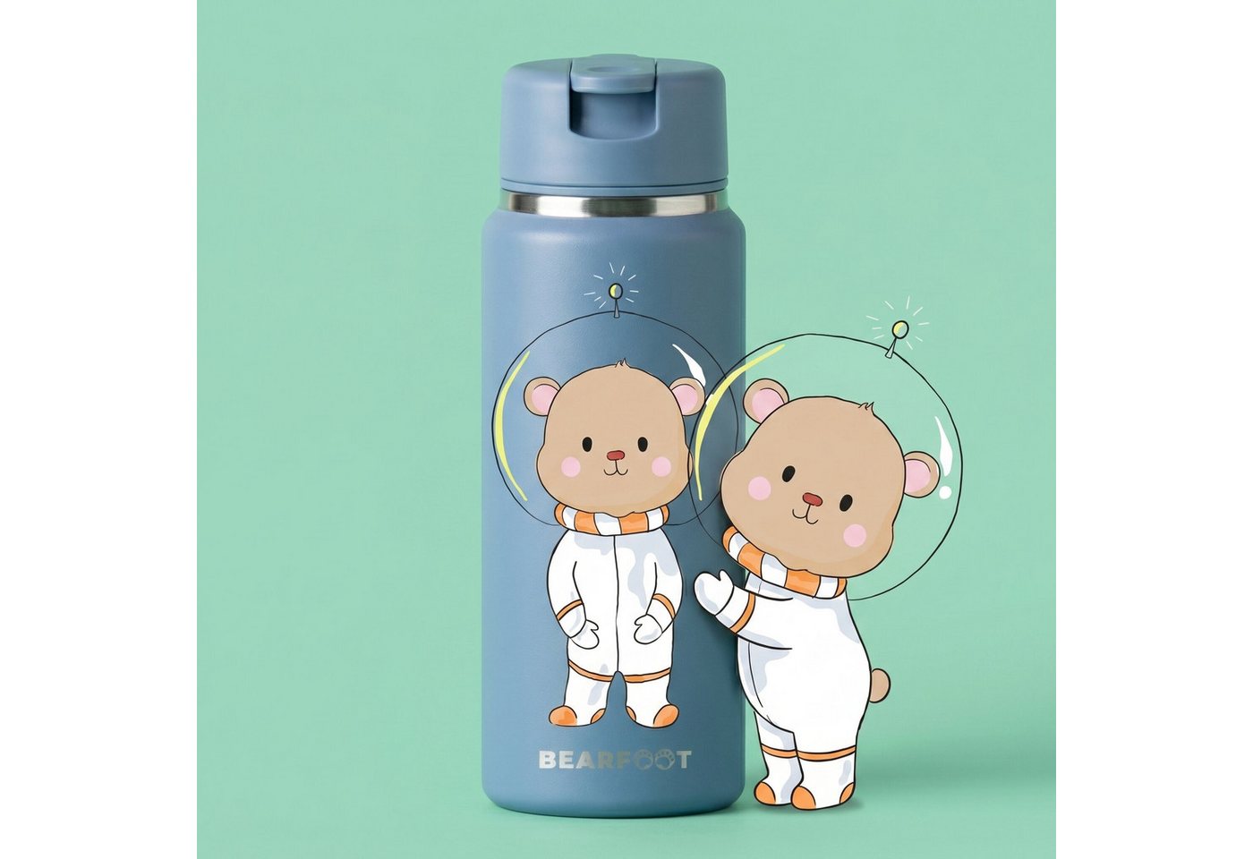 BEARFOOT Trinkflasche TINY Thermo Kinder Trinkflasche Edelstahl - Astro Bär blau, Thermosflasche, auslaufsicher, Edelstahl, Kinderflasche, BPA-frei