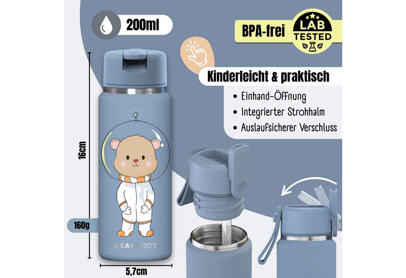 BEARFOOT Trinkflasche TINY Thermo Kinder Trinkflasche Edelstahl - Astro Bär blau, Thermosflasche, auslaufsicher, Edelstahl, Kinderflasche, BPA-frei Bild 4