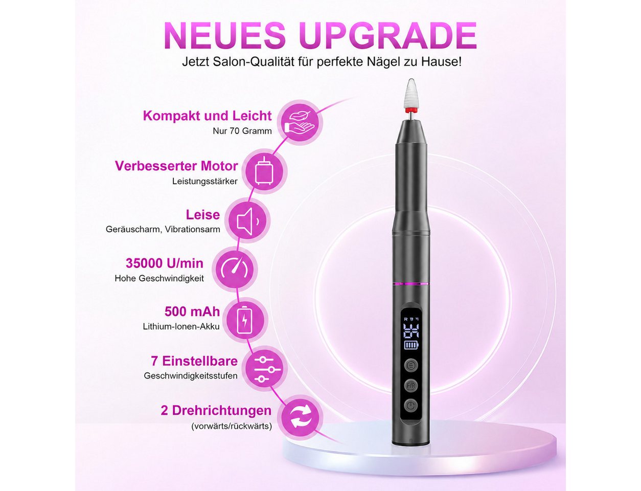 Forrlite Maniküre-Pediküre-Set 12 in 1 Professionell elektrischer Nagelfräser 35000 U/min Nagelfräser, 12-tlg., 7 Geschwindigkeiten Digitalanzeige, Elektrisches Nagelpflegegerät