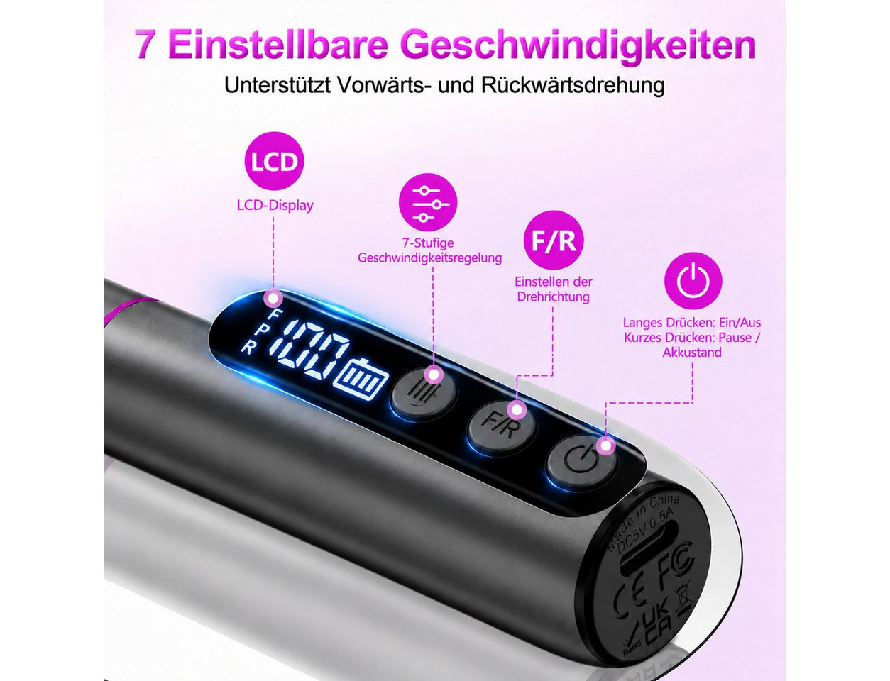 Forrlite Maniküre-Pediküre-Set 12 in 1 Professionell elektrischer Nagelfräser 35000 U/min Nagelfräser, 12-tlg., 7 Geschwindigkeiten Digitalanzeige, Elektrisches Nagelpflegegerät Bild 5