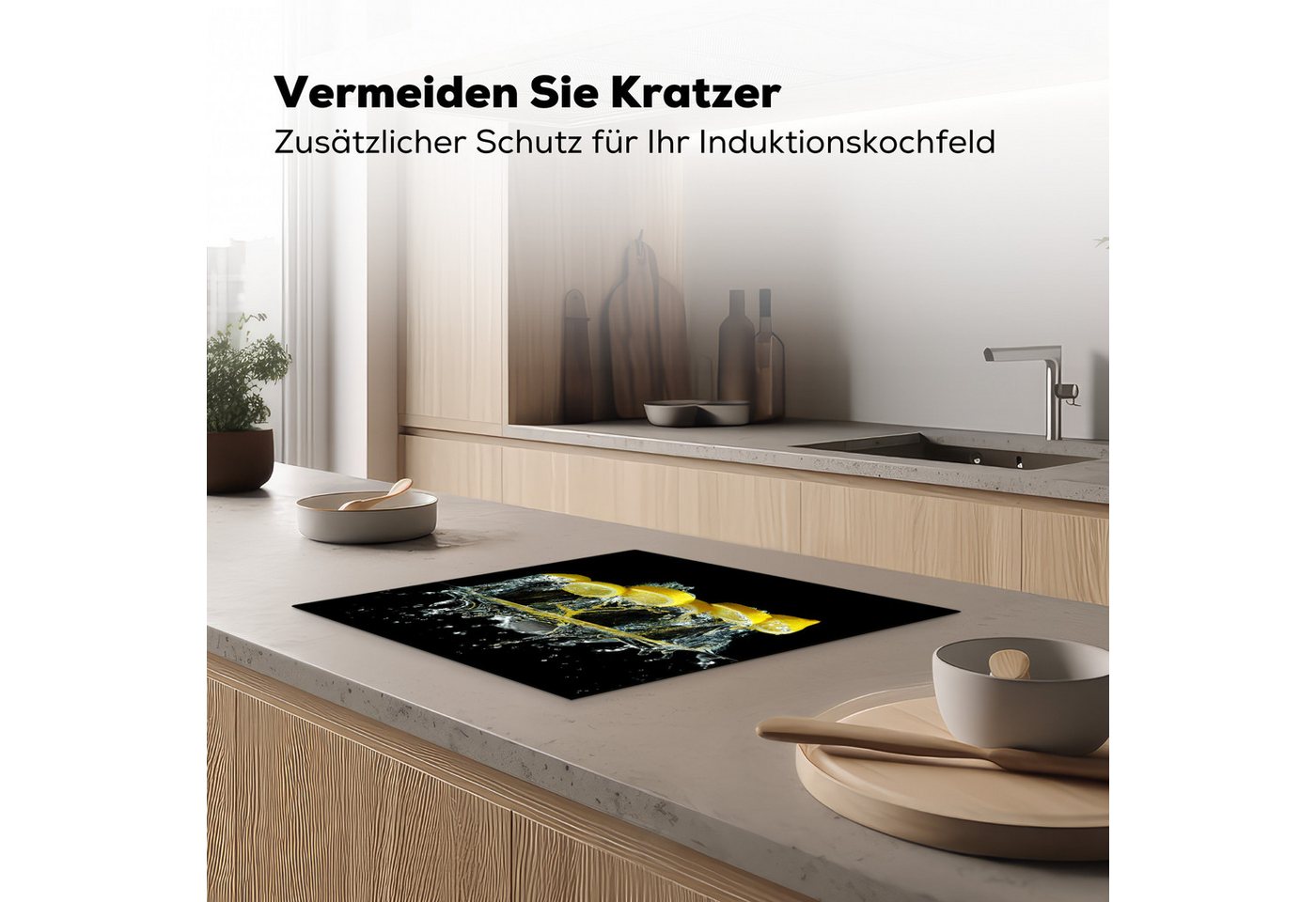 MuchoWow Herd-Abdeckplatte Zitrone - Frucht - Gelb - Stilleben - Wasser, Vinyl, (1 tlg), Ceranfeldabdeckung Küche, Herdabdeckplatte Einteilig, 60x52 cm