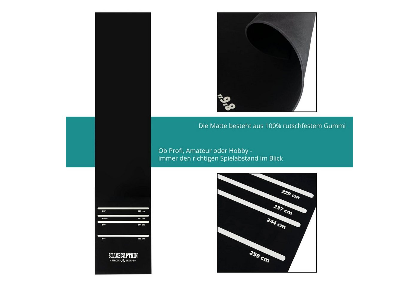 Stagecaptain Dartmatte DM-300 Dart-Bodenschutzmatte mit Oche (Dartteppich, 1-St., mit Abstandsmarkierungen), aufgedruckten Abwurflinien, Rutschfest, Länge: 3m