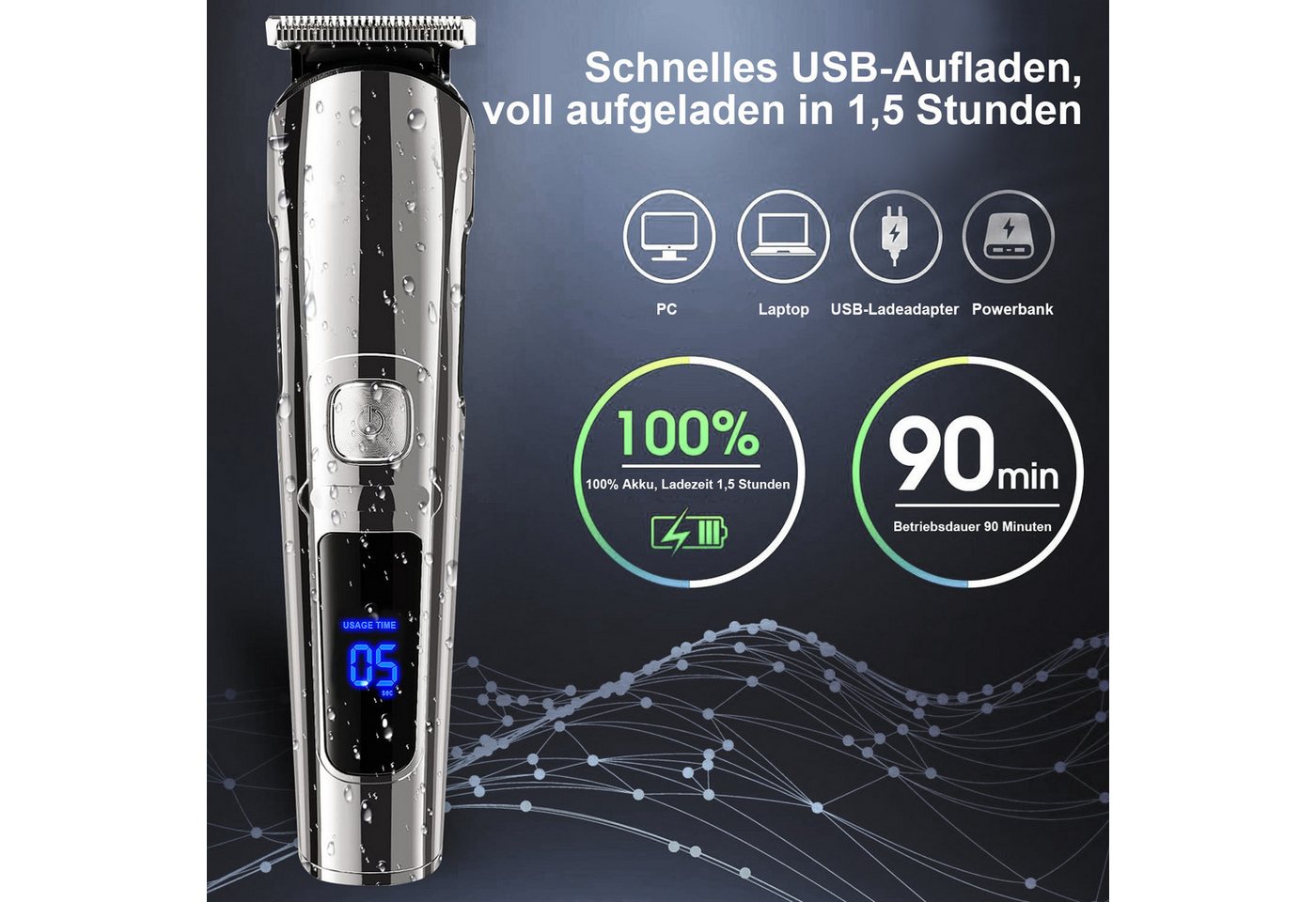 AIMAX Haar- und Bartschneider Wasserdicht 6 in 1 Haarschneider Set, Elektrischer Rasierer, 6 Spezialaufsätze, rostfreien Titan-Klingen, IPX7 Wasserdicht