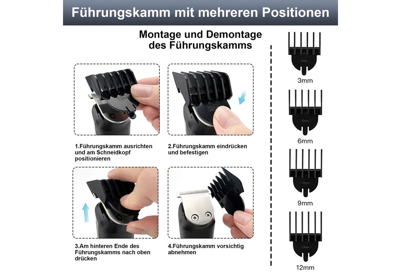 AIMAX Haar- und Bartschneider Wasserdicht 6 in 1 Haarschneider Set, Elektrischer Rasierer, 6 Spezialaufsätze, rostfreien Titan-Klingen, IPX7 Wasserdicht Bild 4