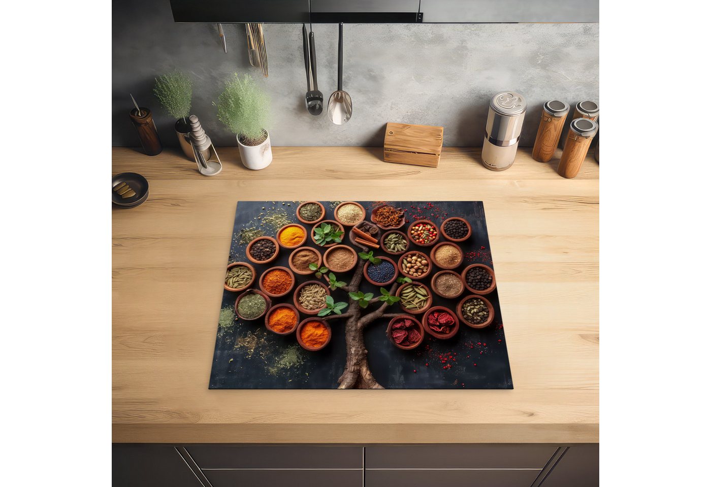 MuchoWow Herd-Abdeckplatte Kräuter - Baum - Küche - Kochen, Vinyl, (1 tlg), Küche Herdabdeckplatte Ceranfeld Vinyl Einteilig, 59x52 cm