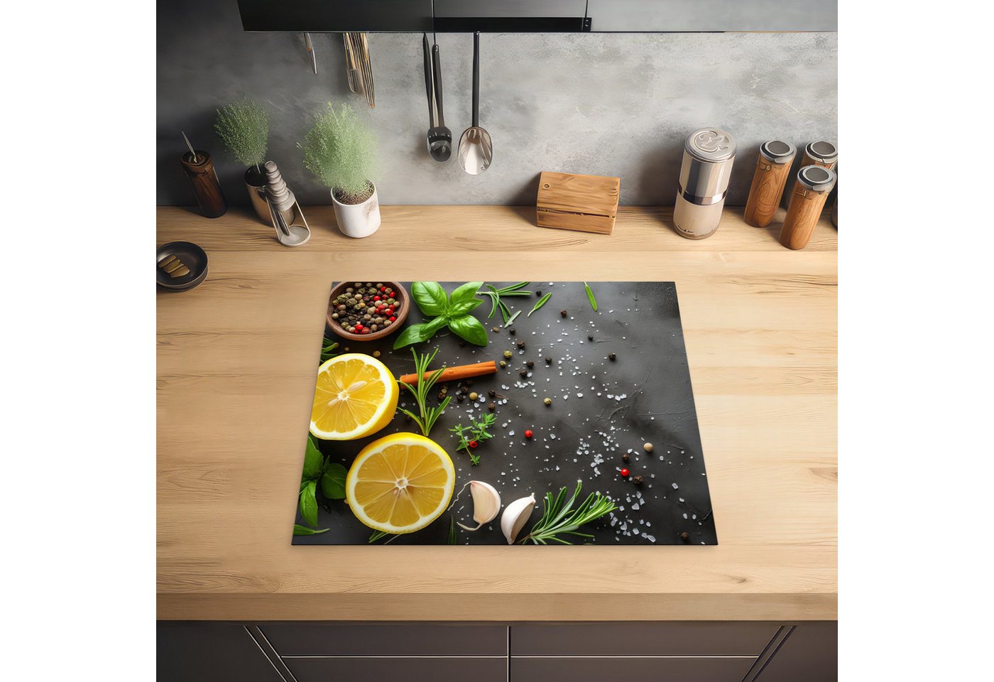 MuchoWow Herd-Abdeckplatte Zitrone - Kräuter - Betonoptik/print, Vinyl, (1 tlg), Cerankochfeld Abdeckung, Herd Abdeckplatten Vinyl, 58.3x51.3 cm Bild 2