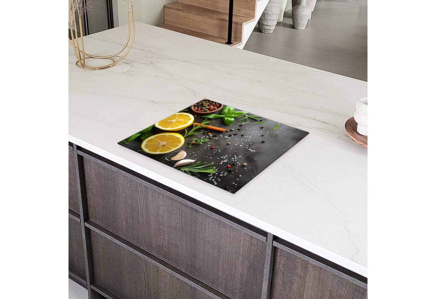 MuchoWow Herd-Abdeckplatte Zitrone - Kräuter - Betonoptik/print, Vinyl, (1 tlg), Cerankochfeld Abdeckung, Herd Abdeckplatten Vinyl, 58.3x51.3 cm Bild 4