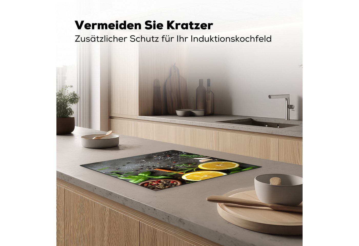 MuchoWow Herd-Abdeckplatte Zitrone - Kräuter - Betonoptik/print, Vinyl, (1 tlg), Cerankochfeld Abdeckung, Herd Abdeckplatten Vinyl, 58.3x51.3 cm Bild 5