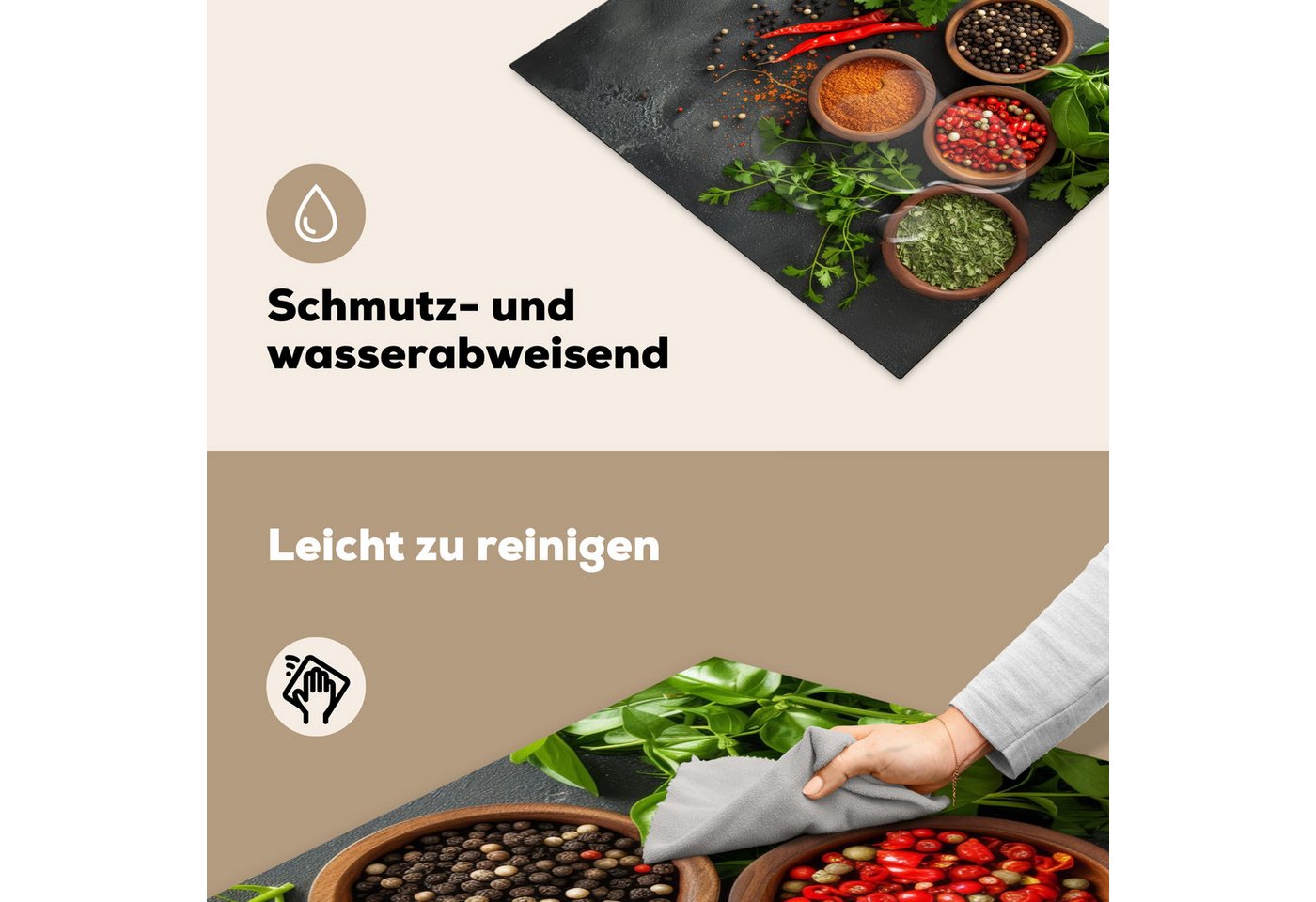 MuchoWow Herd-Abdeckplatte Kräuter - Paprika - Betonoptik/print, Vinyl, (1 tlg), Herdabdeckplatten für Ceranfeld, Induktionsschutz, 65x55 cm