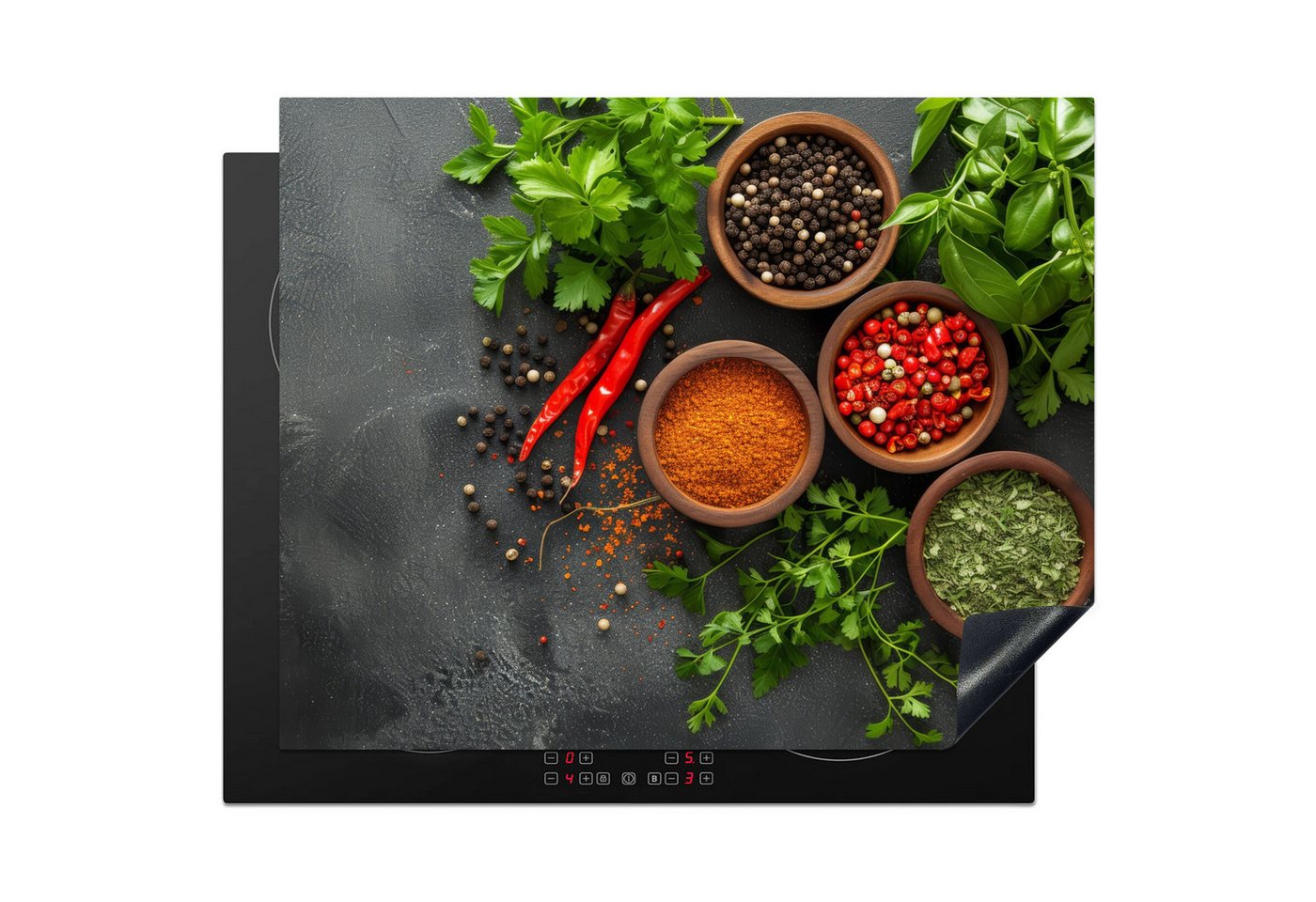 MuchoWow Herd-Abdeckplatte Kräuter - Paprika - Betonoptik/print, Vinyl, (1 tlg), Herdabdeckplatten für Ceranfeld, Induktionsschutz, 65x55 cm Bild 2