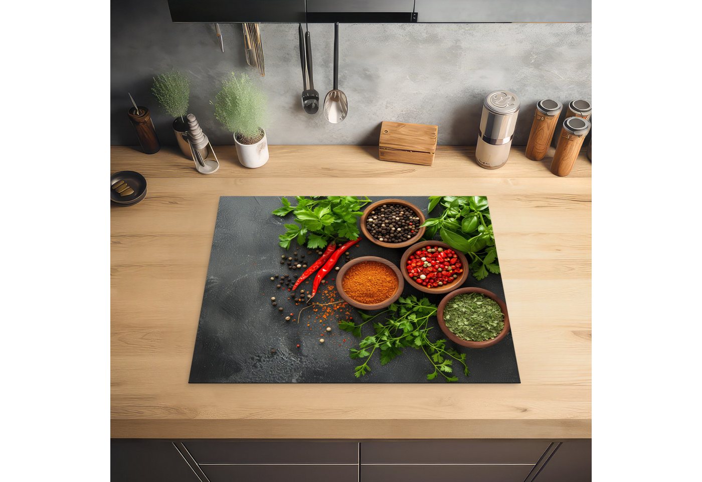 MuchoWow Herd-Abdeckplatte Kräuter - Paprika - Betonoptik/print, Vinyl, (1 tlg), Herdabdeckplatten für Ceranfeld, Induktionsschutz, 65x55 cm Bild 3