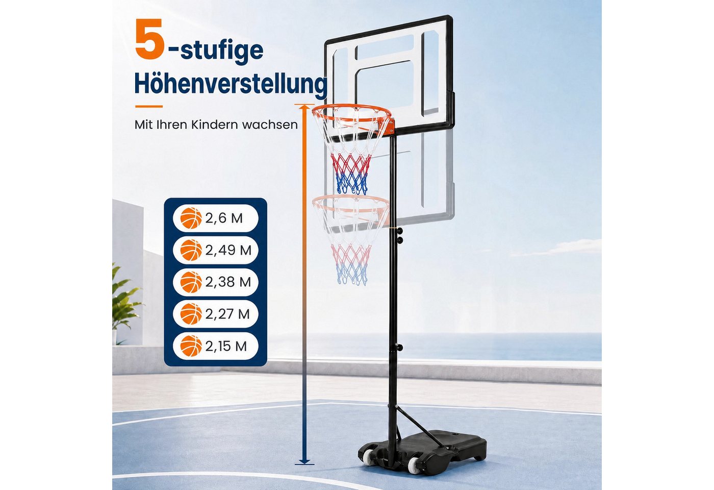 COSTWAY Basketballständer, Mit befüllbarem Sockel, Handkurbel & Ballhalterung Bild 4