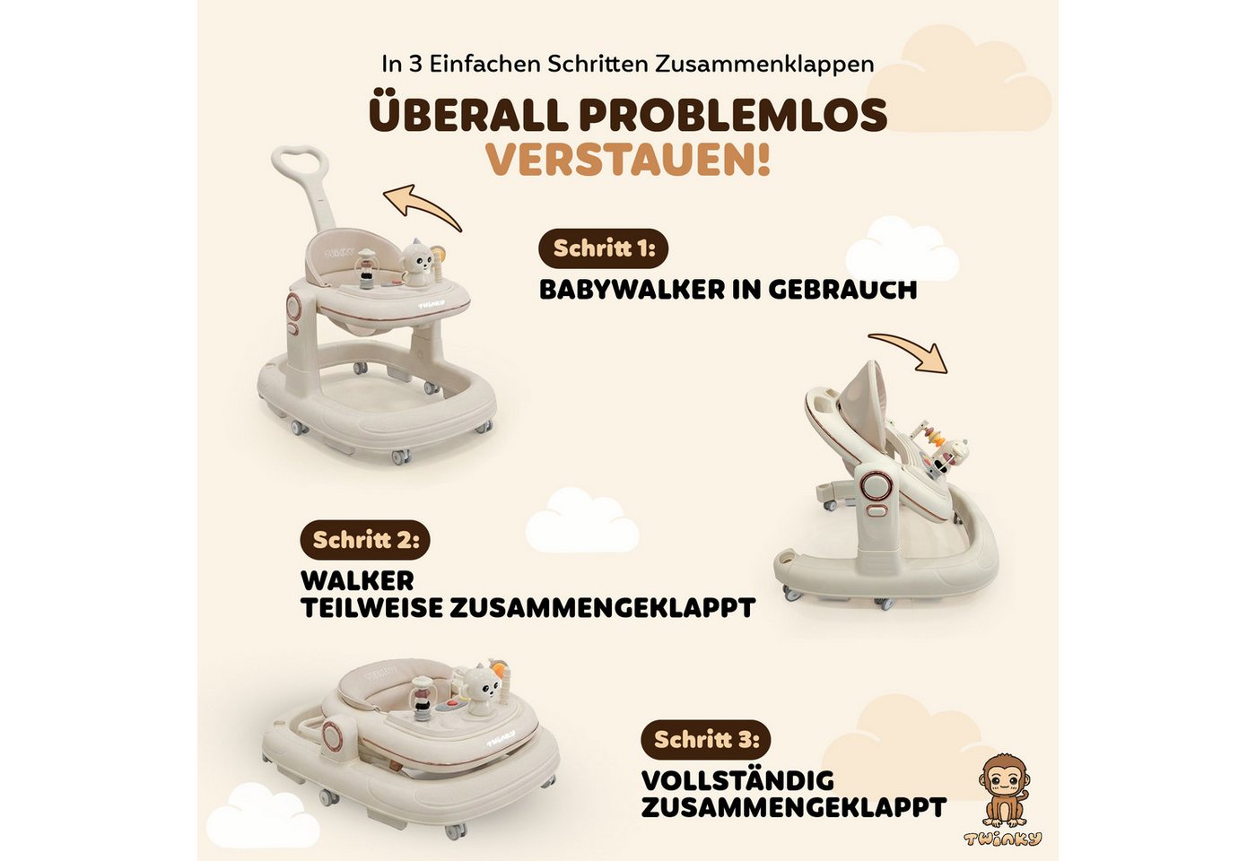 TWINKY Babywalker Lauflernhilfe 4in1 Gehfrei Baby, faltbarer Babywalker