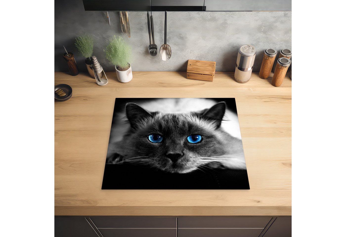 MuchoWow Herd-Abdeckplatte Katze - Augen - Grau - Blau, Vinyl, (1 tlg), Ceranfeldabdeckung Küche, Herdabdeckplatte Einteilig, 60x52 cm