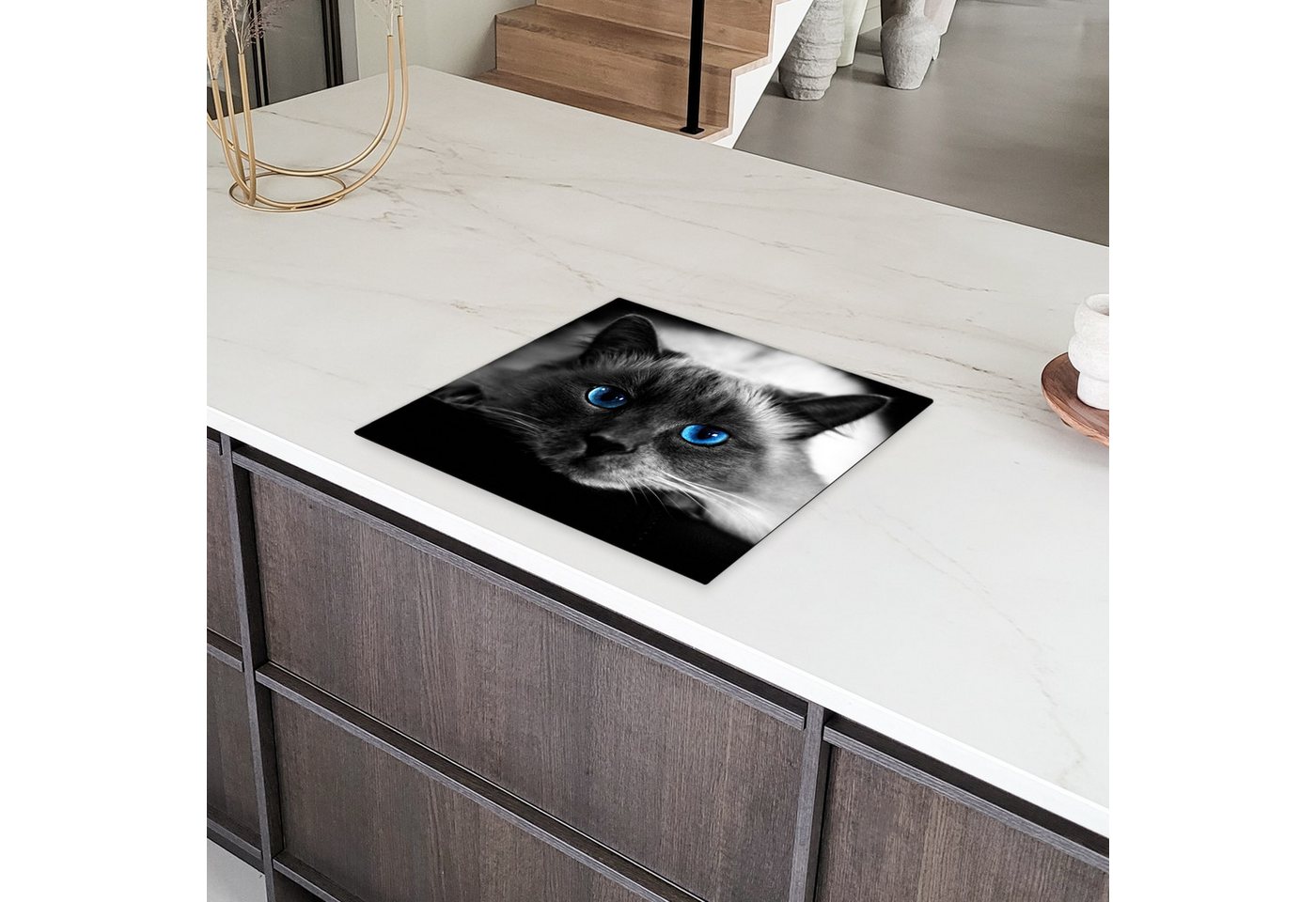 MuchoWow Herd-Abdeckplatte Katze - Augen - Grau - Blau, Vinyl, (1 tlg), Ceranfeldabdeckung Küche, Herdabdeckplatte Einteilig, 60x52 cm Bild 3