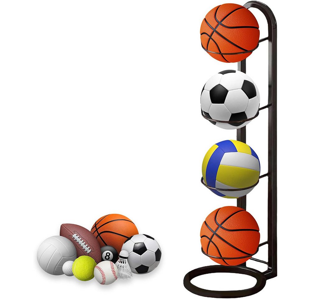 TUWENA Sportgeräte-Regalwagen 4 Lagiger Ballständer, Vertikale Ballregal, Ballhalter aus Metall, Herausnehmbare, Ballständer Display Halter Für Fußball Basketball