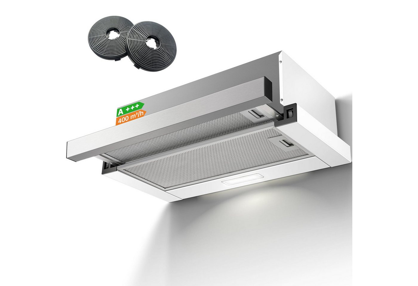 SNDOAS Kopffreihaube 60 cm Teleskop-Flachschirm-Dunstabzugshaube, Abluft & Umluft 400 m³/h, A+++, 2 Stufen, LED, 5-lagige Alu- & 2 Aktivkohlefilter Bild 2