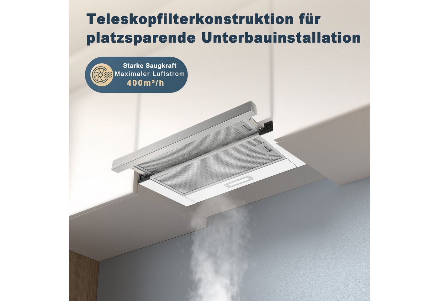 SNDOAS Kopffreihaube 60 cm Teleskop-Flachschirm-Dunstabzugshaube, Abluft & Umluft 400 m³/h, A+++, 2 Stufen, LED, 5-lagige Alu- & 2 Aktivkohlefilter Bild 5