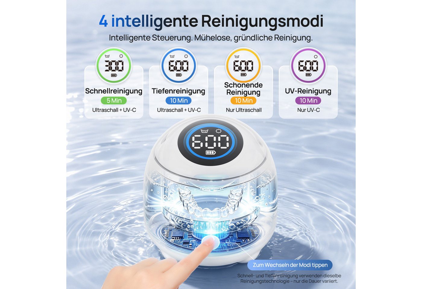 MCURO Ultraschallreiniger Ultraschallreinigungsgerät Zahnschiene 200ml Tank, 48000Hz, 4 UV-C 254nm, 4 Modes, 360° Reinigung für Zahnersatz, Retainer