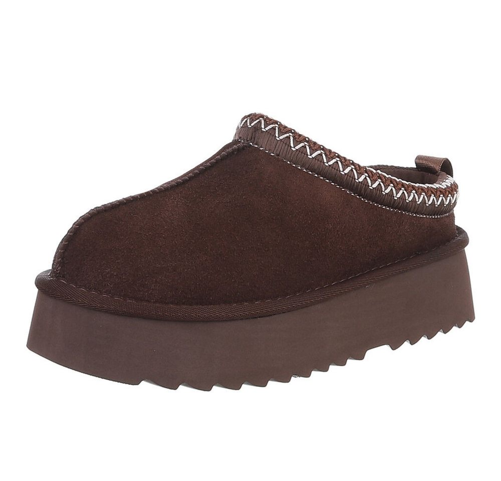 Ital-Design Echtleder Damen Slip-on Plateau Clog mit Profilsohle Snowboots (92392435) Flach Stiefeletten in Braun