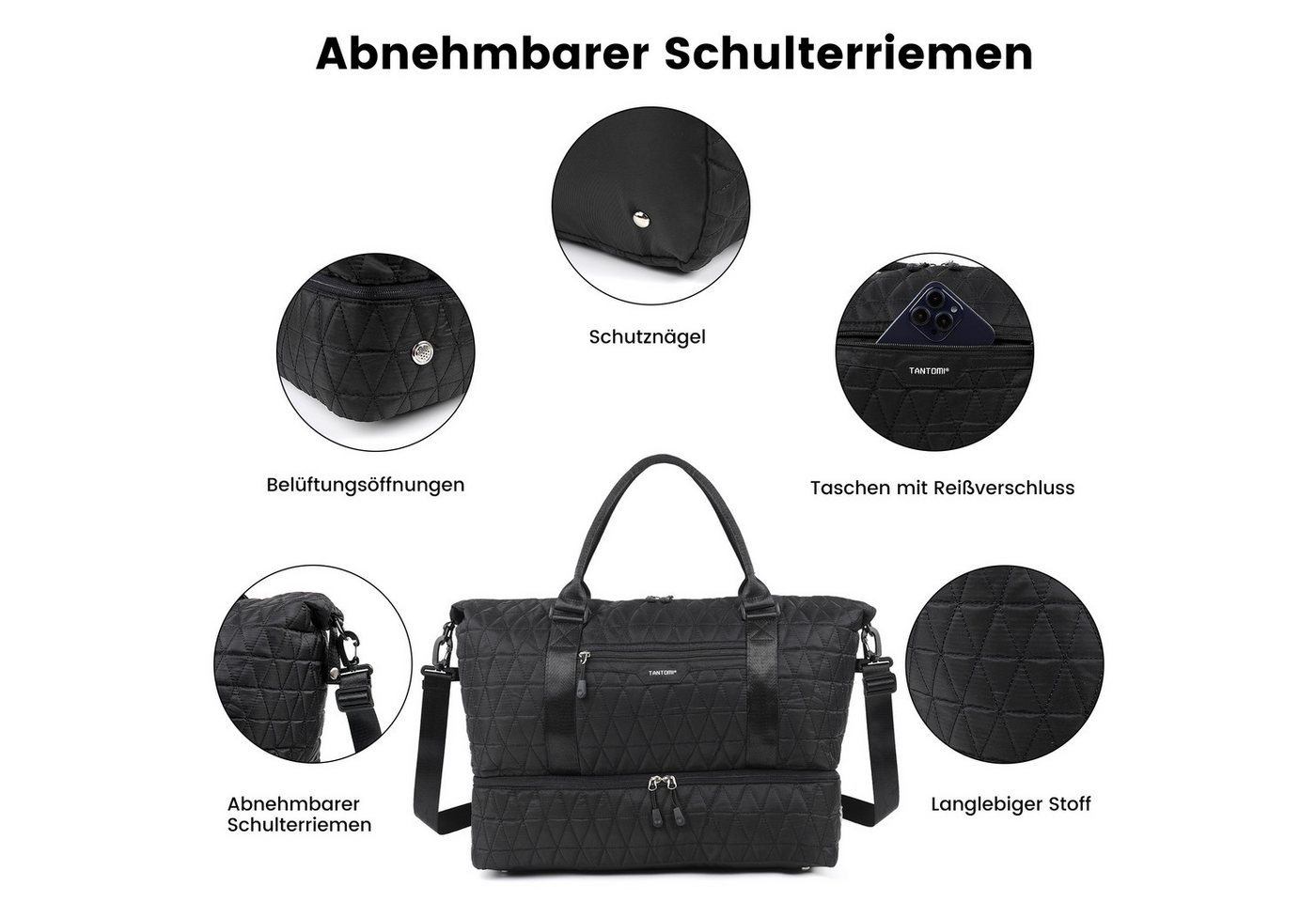 TANTOMI Reisetasche 3-Tlg Set Reisetasche Groß, Weekender Handgepäck Tasche (Erweiterbares Weekender Bag mit Nassfach), Leichte Travel Bag mit Schuhfach Kulturbeutel Bild 2