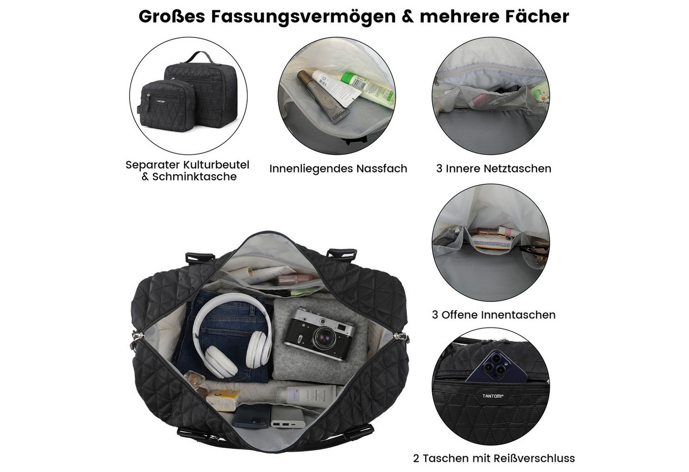 TANTOMI Reisetasche 3-Tlg Set Reisetasche Groß, Weekender Handgepäck Tasche (Erweiterbares Weekender Bag mit Nassfach), Leichte Travel Bag mit Schuhfach Kulturbeutel Bild 3