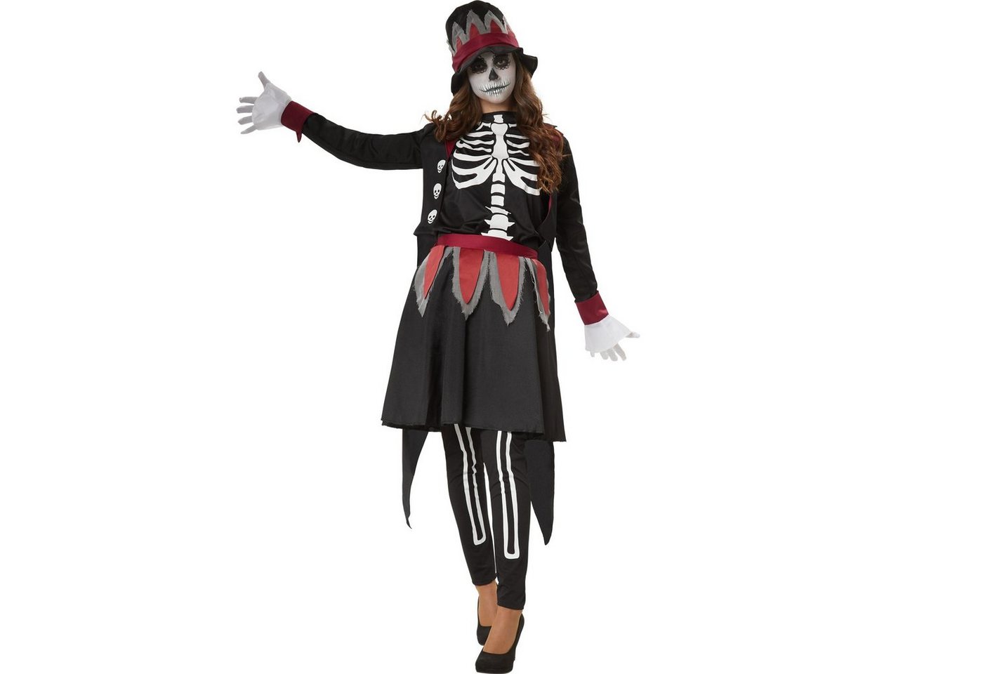 dressforfun Kostüm Untote/Skelettfrau, Hose und mehrlagiger Rock aus Satin und Tüll, in schwarz, Gr. M, Ärmelloses Shirt zum Schnüren im Nackenbereich
