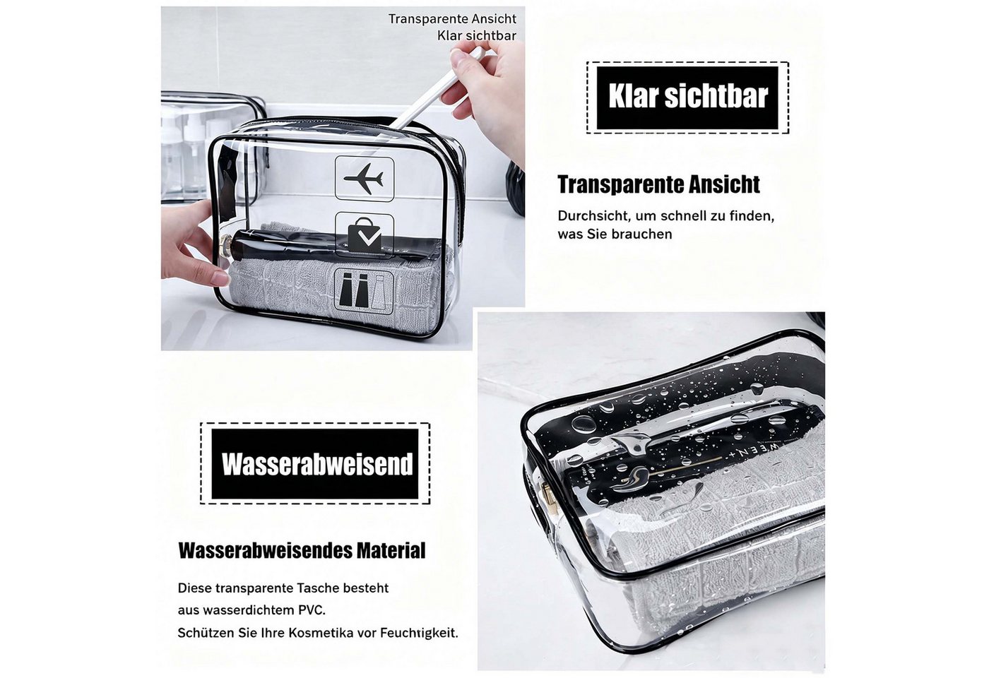MOPUEA Kosmetiktasche Kosmetiktasche Transparent 3er Set PVC Wasserdicht tragbar Reise (3er Set, mehr Ordnung ohne extra Taschen kaufen nötig, Drei Größen helfen, alles schnell getrennt zu verstauen), Transparent, dicht, robust, kein Suchen mehr unterwegs Bild 4