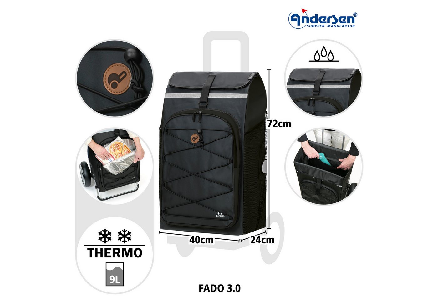 Andersen Einkaufstrolley Royal Shopper Plus Fado 3.0 schwarz, Thermofach 9 Liter, klappbar, belastbar bis 50kg, wasserabweisend