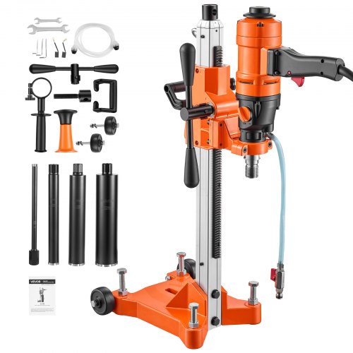 VEVOR Diamant Kernbohrmaschine 1500 W Kernbohrgerät Trocken/Nass max. 200 mm, für Beton Keramikfliesen Ziegel Asphalt Marmorböden, 4 Bohrer, 2-in-1 Hand-/Stativgerät, 1000/2300 U/min, UNC1 1/4–7 Gewinde