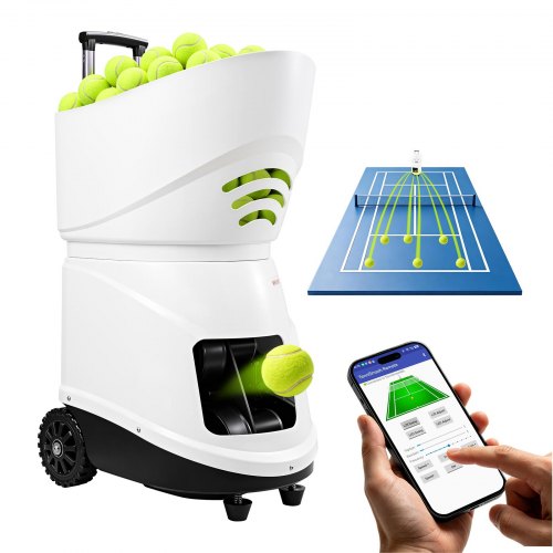 VEVOR Tennisballmaschine Max. 129 km/h Tischballwerfer 150 Ballkapazität mit Spin-Steuerung, App-Steuerung, 3 Trainingsmodi, 4 Stunden Akkulaufzeit, Ausziehbarem Griff, Rollen und Kunststoffgehäuse