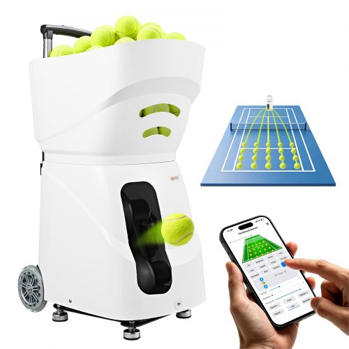 VEVOR Tennisballmaschine Max. 121 km/h Tischballwerfer 110 Ballkapazität, Spin-Steuerung, App-Steuerung, 21 Trainingsmodi, 4 Stunden Akkulaufzeit, Ausziehbarer Griff, Rollbar und Kunststoffgehäuse