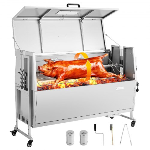VEVOR Lammgrill 38 W 60 kg 132 cm Drehspieß Spanferkelgrill Edelstahl BBQ für Garten und Terrasse, 4 Höhenstufen, Feststellbare Räder, mit Grillzange Faltbarem Deckelschutz Bürsten und Gewürzbehälter