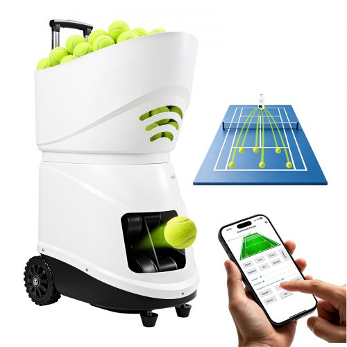 VEVOR Tennisballmaschine Max. 129 km/h Tischballwerfer 150 Ballkapazität, Spin-Steuerung, App-Steuerung, 20 Trainingsmodi, 4 Stunden Akkulaufzeit, Ausziehbarer Griff, Rollbar und Kunststoffgehäuse