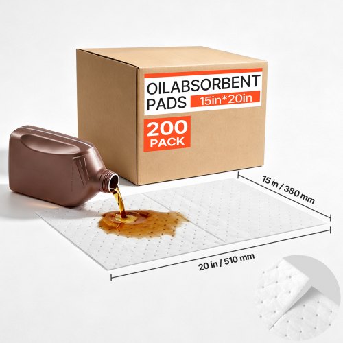 VEVOR 200 Stk. Ölsaugtücher 380x510mm Ölbindematten für Industrieöl Weiß, Ölauffangmatten für Lager Werkstatt Garage Fabrik, 3-Lagige Polypropylen-Struktur, Hydrophobe Oberfläche, Saugstark, mit Box