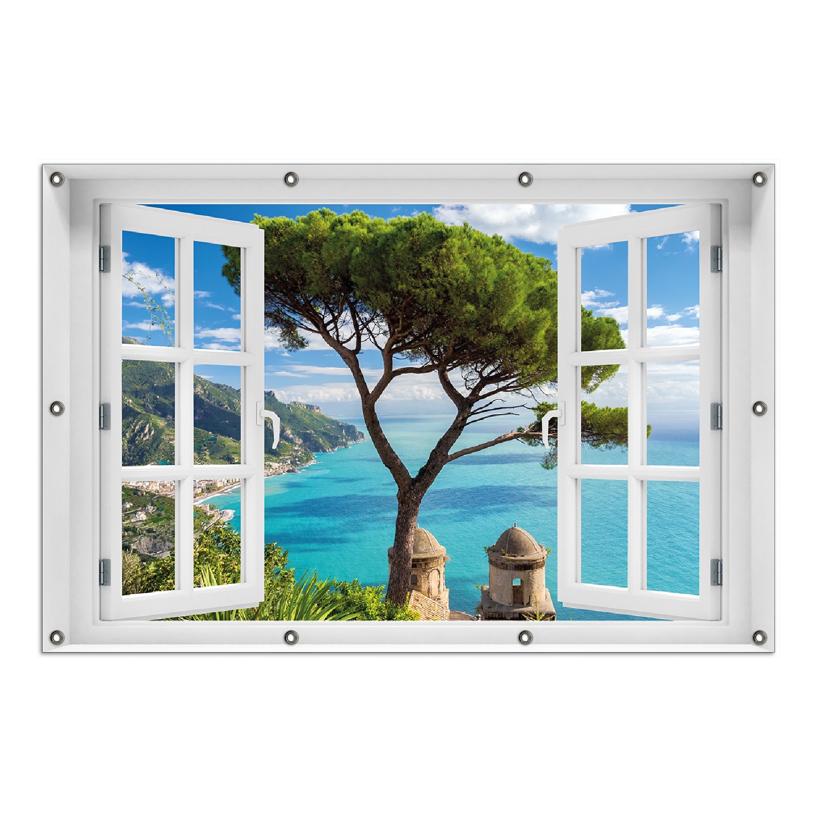 Wallario Gartenposter ca. 60 x 90 cm mit Fenster-Illusion Italienische Küste