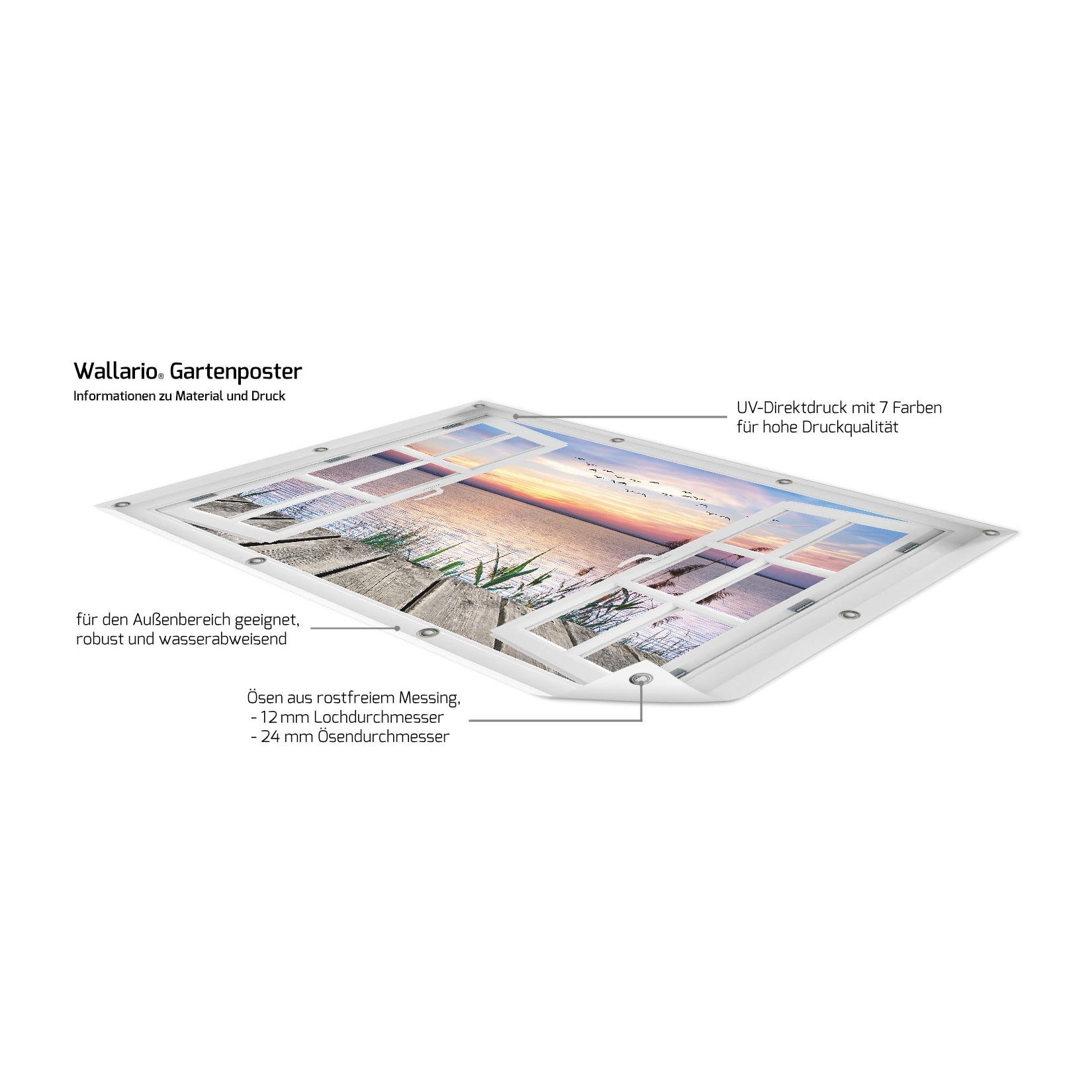 Wallario Gartenposter ca. 60 x 90 cm mit Fenster-Illusion Seepanorama mit Schilf und fliegenden Vögeln