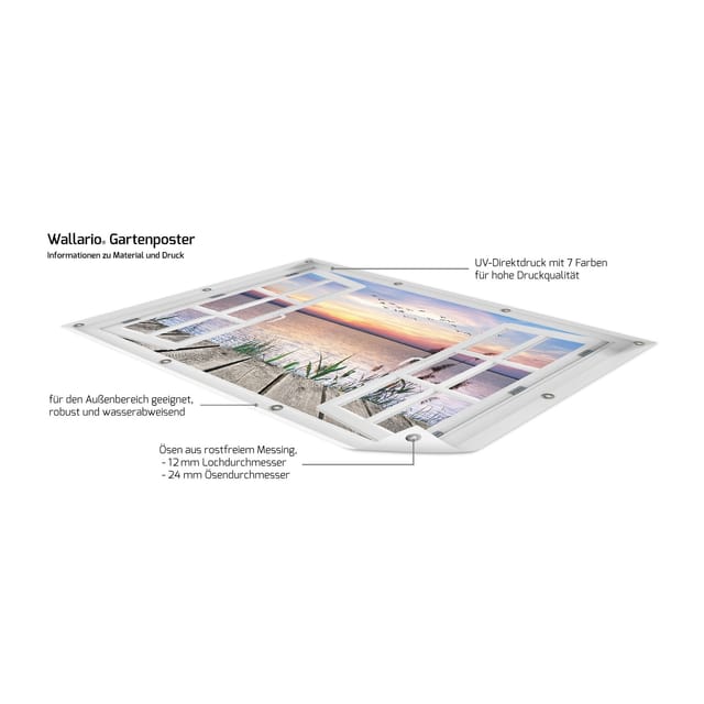 Wallario Gartenposter ca. 60 x 90 cm mit Fenster-Illusion Seepanorama mit Schilf und fliegenden Vögeln