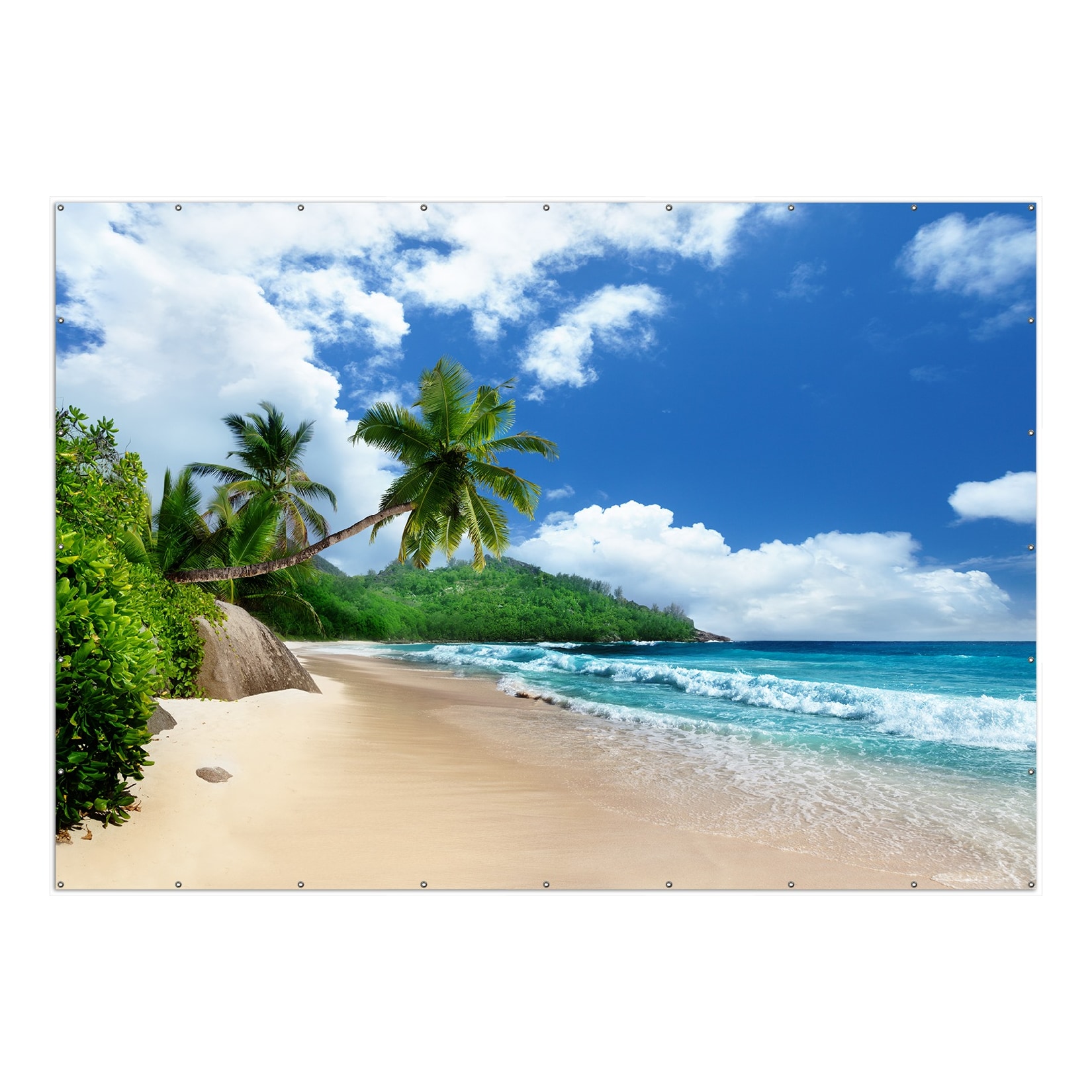 Wallario Gartenposter ca. 60 x 90 cm Urlaub auf den Seychellen unter Palmen am Sandstrand