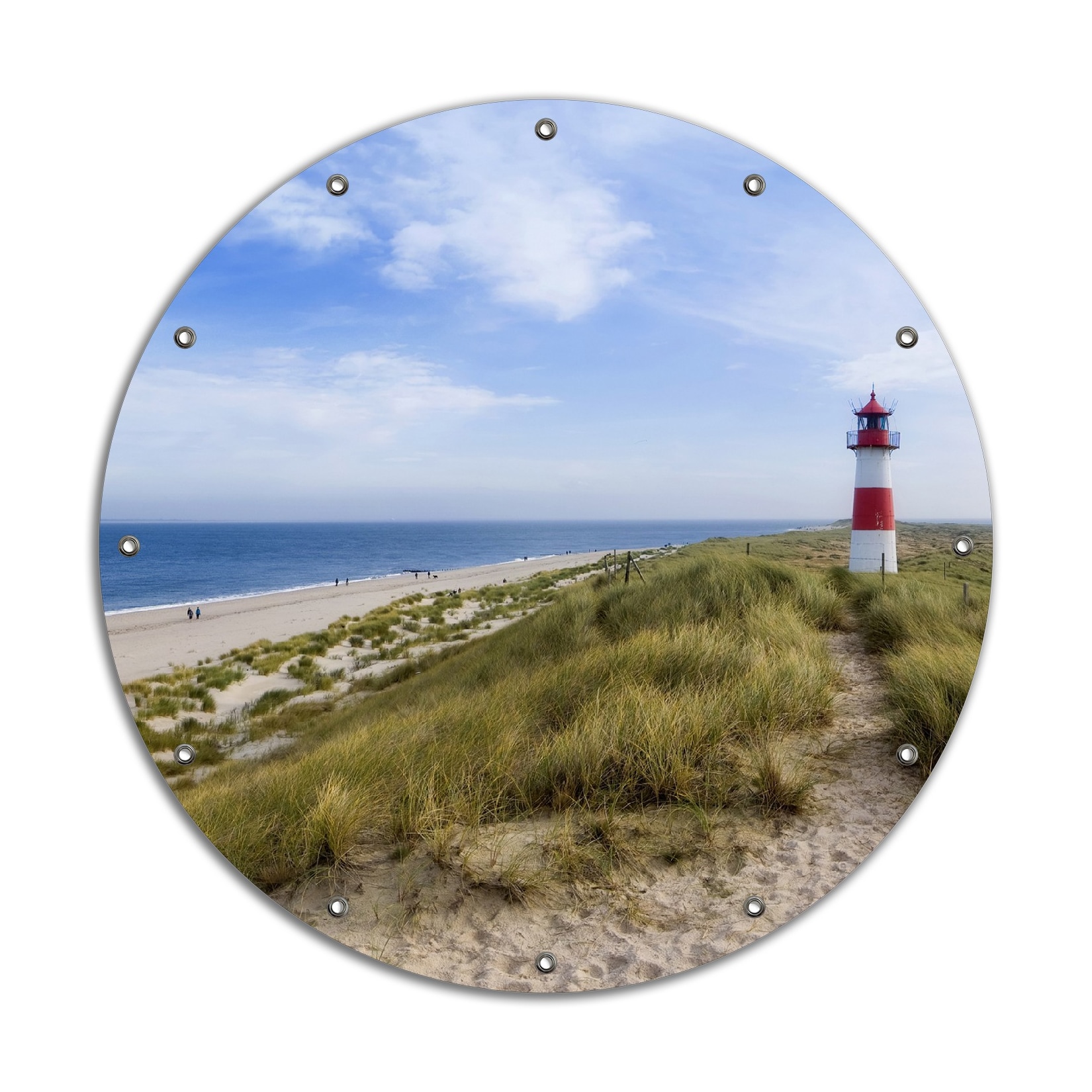 Wallario Gartenposter ca. 60 x 90 cm Am Strand von Sylt Leuchtturm auf der Düne Panorama