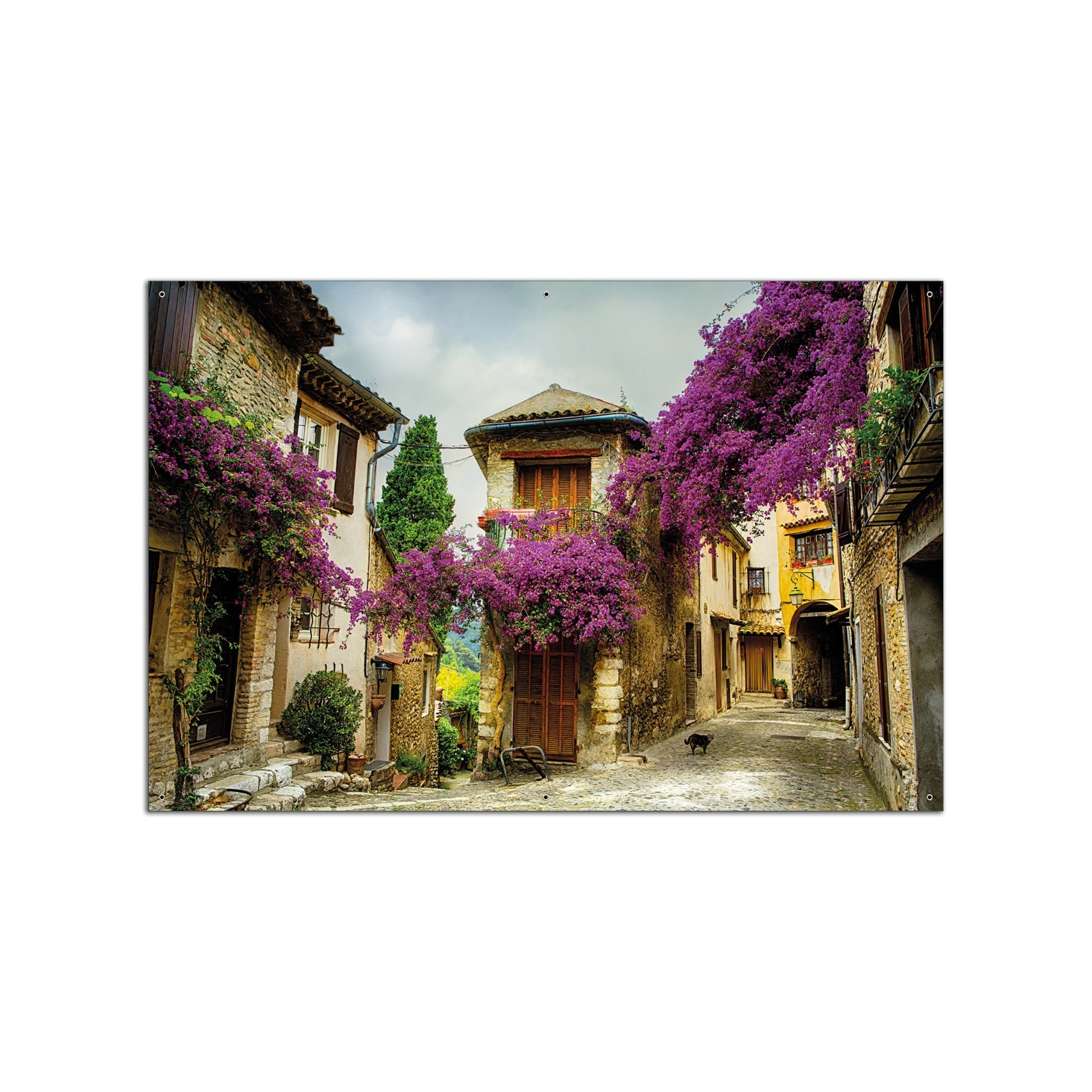 Wallario Gartenposter ca. 60 x 90 cm Malerische Stadt in der Provence mit bunten Blumen